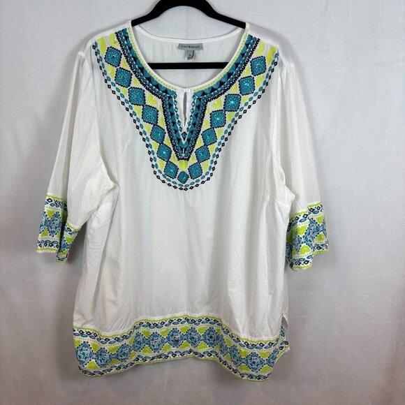 Catherine's Women's White Blue Embroidered Beaded‎ Boho Peasant Blouse Size 2X - Picture 1 of 11